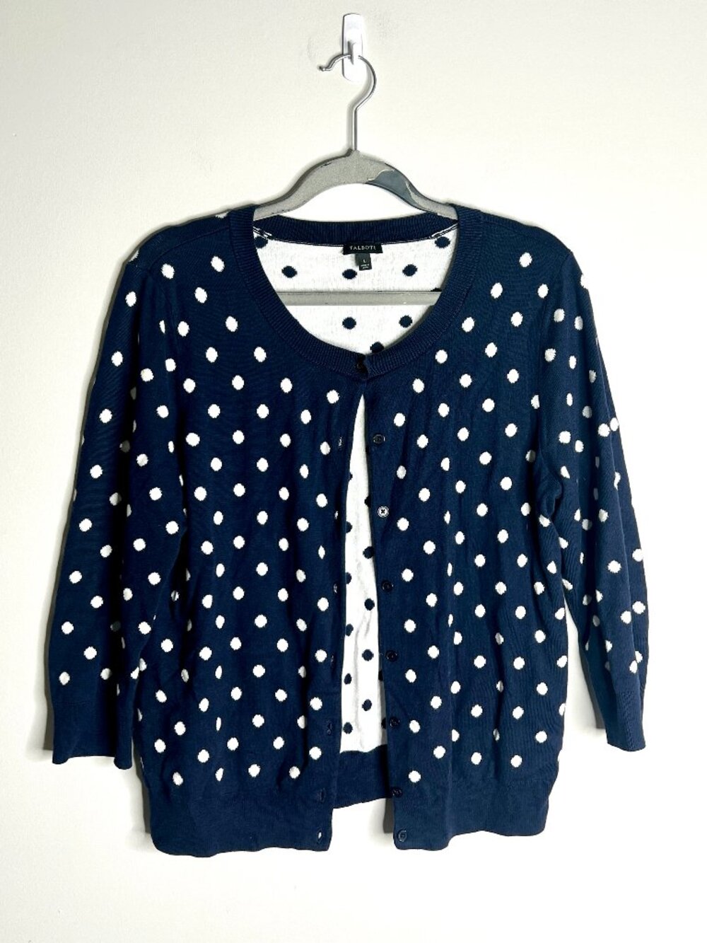 Talbots Navy Blue Polka Dot Crew Neck Cardigan Sweater Preppy Teacher Sz L